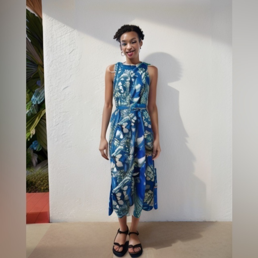 London Times Tropical Floral Scoopneck Asymmetrical Belted Plus Size Dress